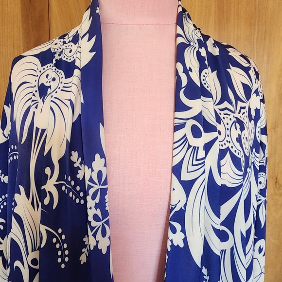 Lily Navy and Beige Damask Ruched Open Cardigan Sz 1X - Picture 7 of 7